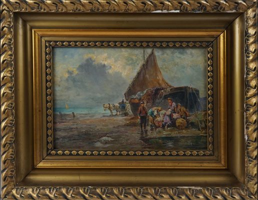 Unknown Painter, Fisher Man Working on the Beach, 1800s, Oil-QOR-2017458