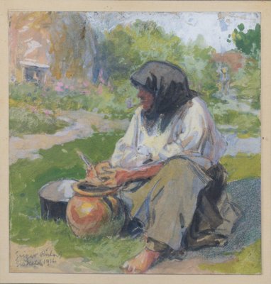 Unknown, Peasant Lady Smoking a Pipe While Working, Watercolour, 1890s, Framed-AOI-1813082