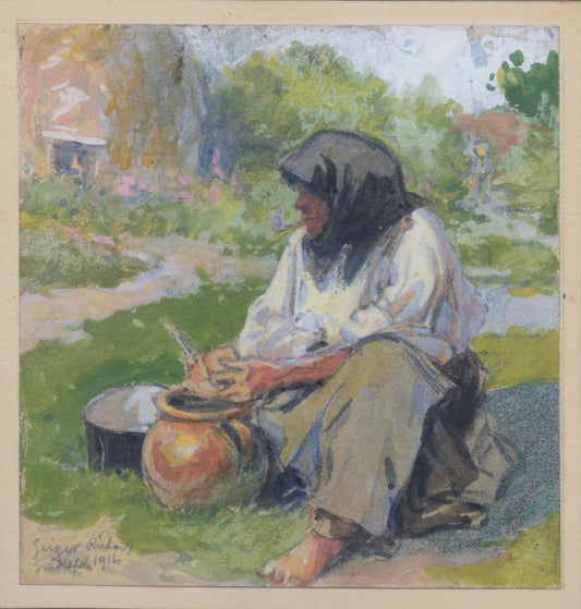 Unknown, Peasant Lady Smoking a Pipe While Working, Watercolour, 1890s, Framed