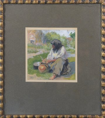 Unknown, Peasant Lady Smoking a Pipe While Working, Watercolour, 1890s, Framed-AOI-1813082