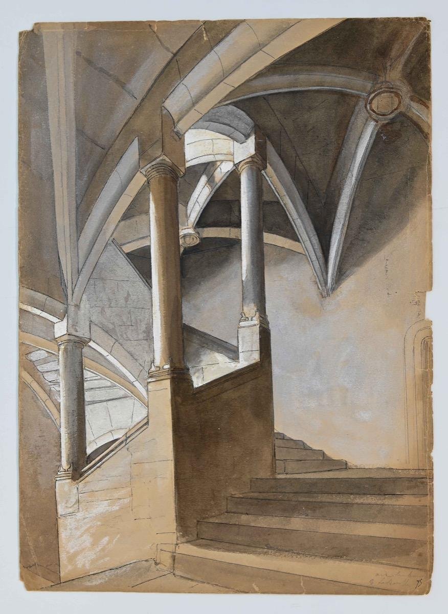 Unknown, Perspective of A Staircase, Pencil and Watercolor, Mid-20th Century