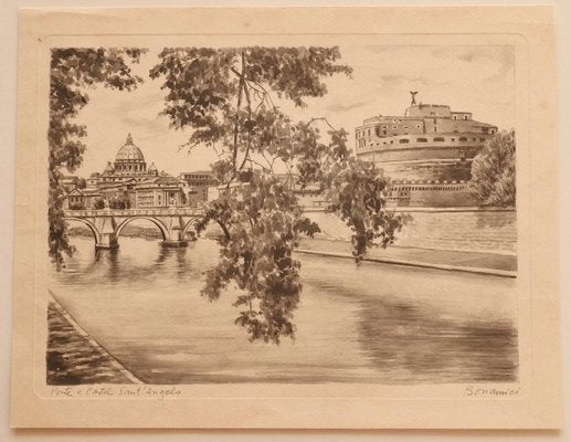 Unknown - Roma - Castel Sant'angelo - Pencil and Watercolor - Mid-20th Century-ZCI-834643