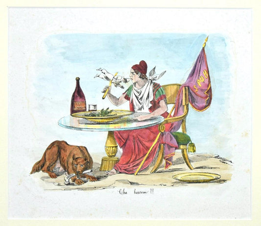 Unknown, Satirical Scene, Lithograph Hand Watercolor, 19th Century