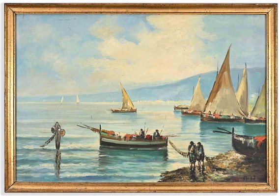 Unknown, Ships in the Gulf of Naples, Oil Painting, Mid-20th Century-ZCI-1770131