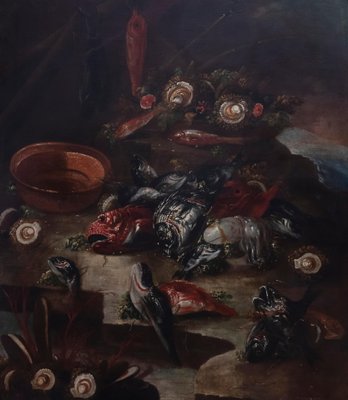 Unknown, Still Life with Fishes and Oysters, Original Oil on Canvas, 17th-Century-ZCI-996200