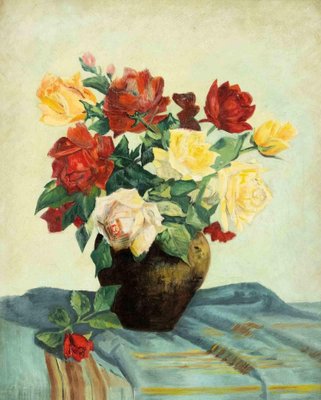 Unknown, Still Life with Roses, Oil Painting, 1950s-ZCI-2029262