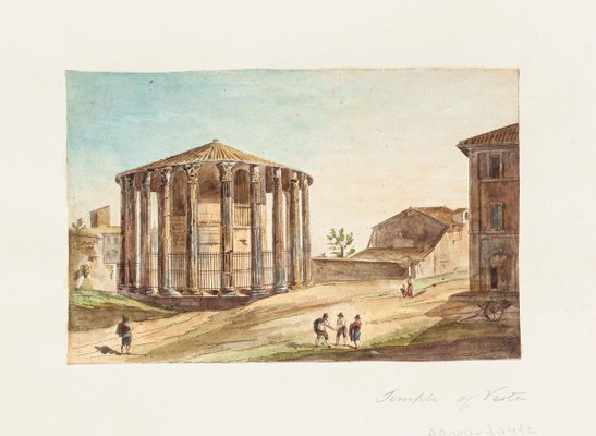 Unknown, Temple of Vesta, Original Hand Watercolor Etching, 19th Century-ZCI-810793