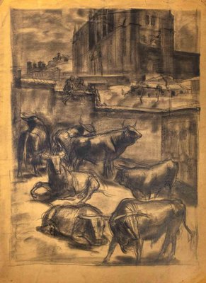 Unknown, Urban Landscape with Bulls, Original Drawing, Mid-20th-Century-ZCI-1272488