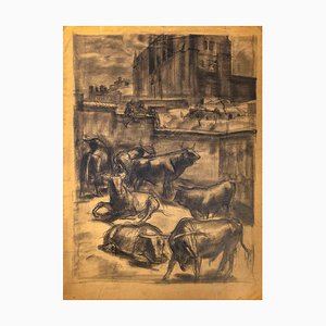 Unknown, Urban Landscape with Bulls, Original Drawing, Mid-20th-Century-ZCI-1272488