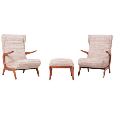 Upholstered Lounge Chair & Stool Set, Italy, 1950s, Set of 3-SFD-728493