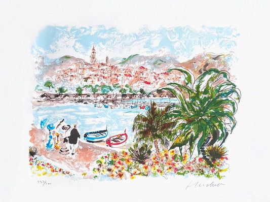 Urbain Huchet, Vue De Menton, 1985, Lithograph on Bfk Rives Paper