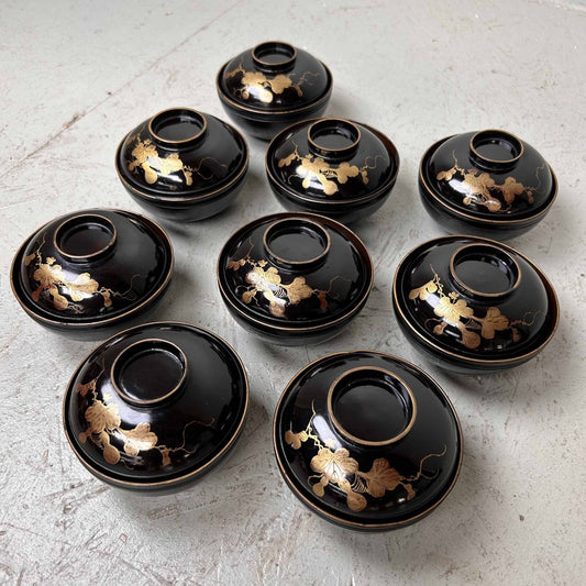 Urushi Maki-E Lidded Rice Bowls, Japan, 1920s, Set of 9