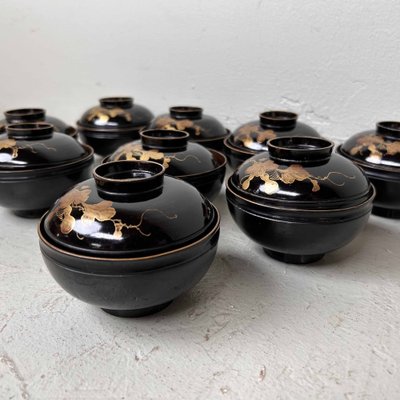 Urushi Maki-E Lidded Rice Bowls, Japan, 1920s, Set of 9-DWL-1699736