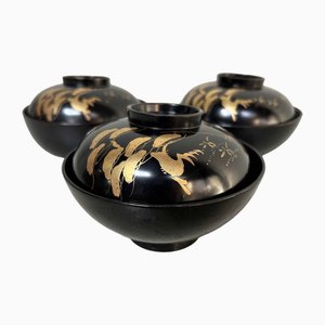 Urushi Maki-E Rice Bowls, Japan, 1910s, Set of 3-DWL-1698151