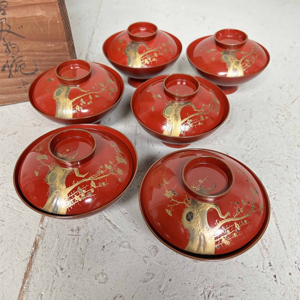 Urushi Maki-E Rice Bowls with Sakura Decor, Japan, 1920s, Set of 8