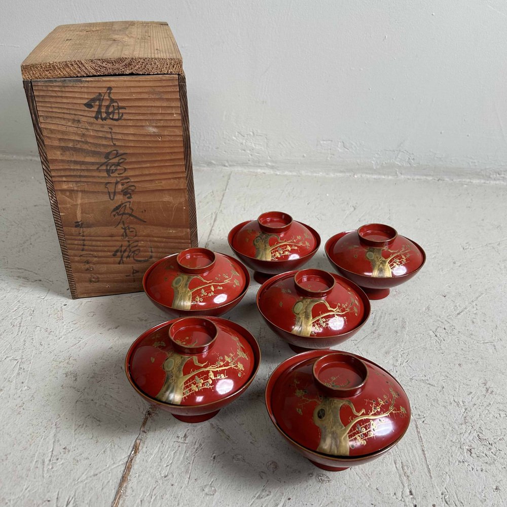 Urushi Maki-E Rice Bowls with Sakura Decor, Japan, 1920s, Set of 8