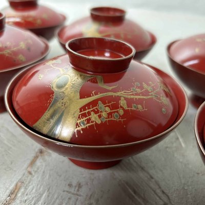 Urushi Maki-E Rice Bowls with Sakura Decor, Japan, 1920s, Set of 8