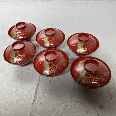 Urushi Maki-E Rice Bowls with Sakura Decor, Japan, 1920s, Set of 8-DWL-1691225