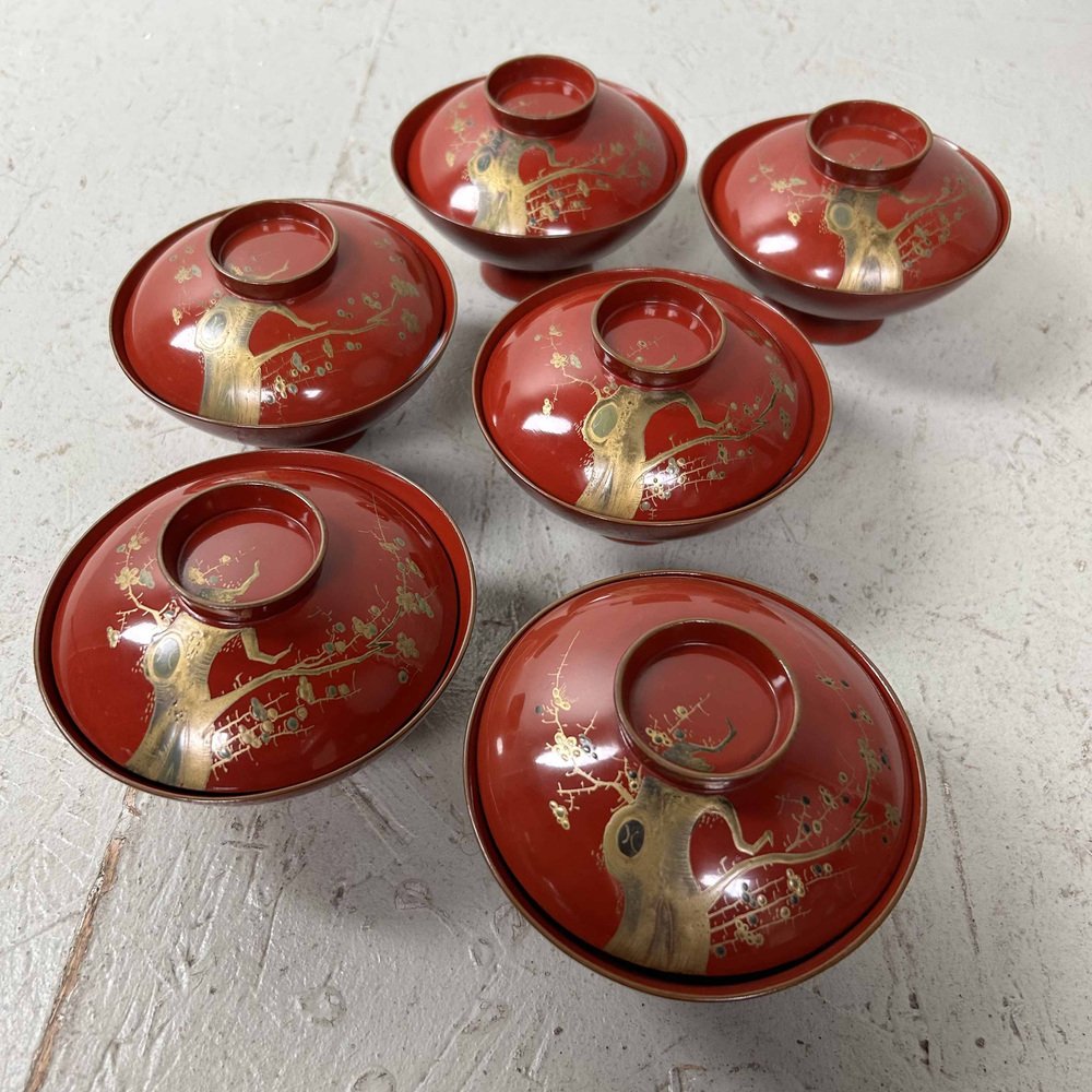 Urushi Maki-E Rice Bowls with Sakura Decor, Japan, 1920s, Set of 8-DWL-1691225