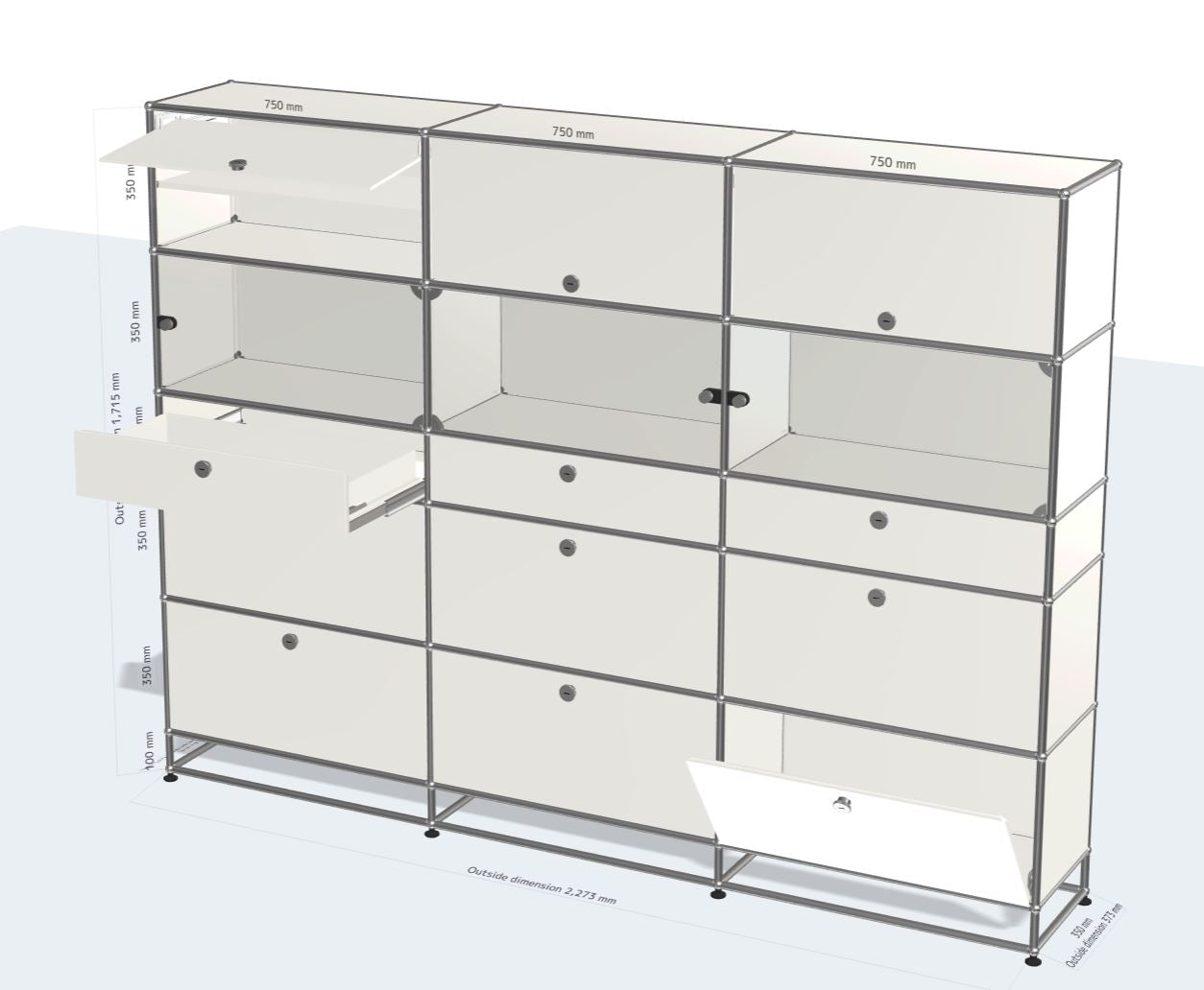 3x6 모듈 하이보드 (6 drop down doors, 3 drawers, 3 glass doors, 3 flip up doors, 3 shelves) [W(750+750+750)XD350XH(100+350+350+175+350+350)]