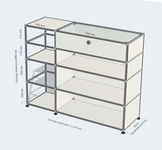 2x4 모듈 사이드보드 (1 익스텐션 도어, 1 glass panel 및 커스텀 오픈 선반) [W(350+750)XD350XH(250+250+175+175)]