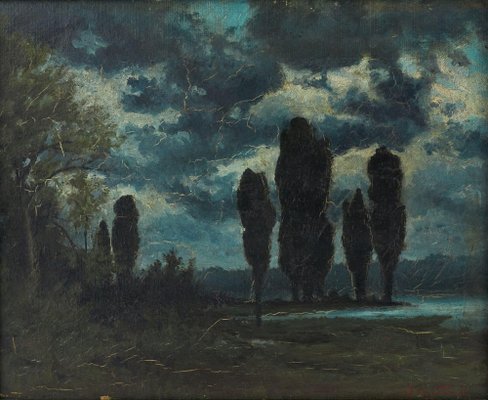 V. I. Zarubin, Night Landscape, 1890s, Oil on Board, Framed-WMV-1744874