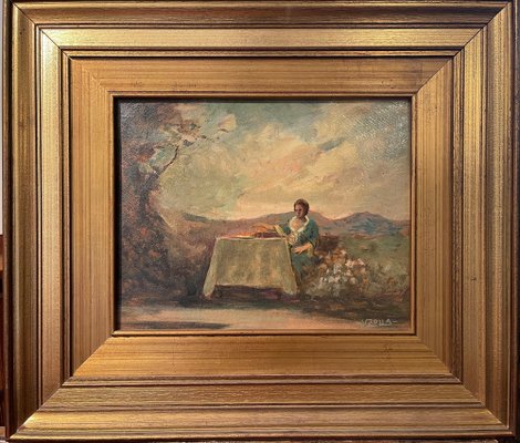 V. Zolla, Woman at the Table, 19th Century, Oil Painting on Cardboard-PKM-1717538