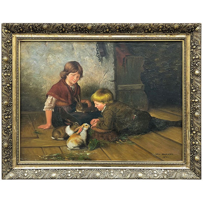 Van Barren, Children and Rabbits, 1871, Oil on Panel, Framed