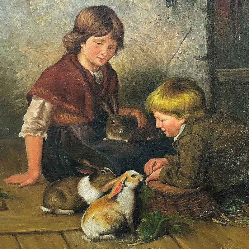 Van Barren, Children and Rabbits, 1871, Oil on Panel, Framed