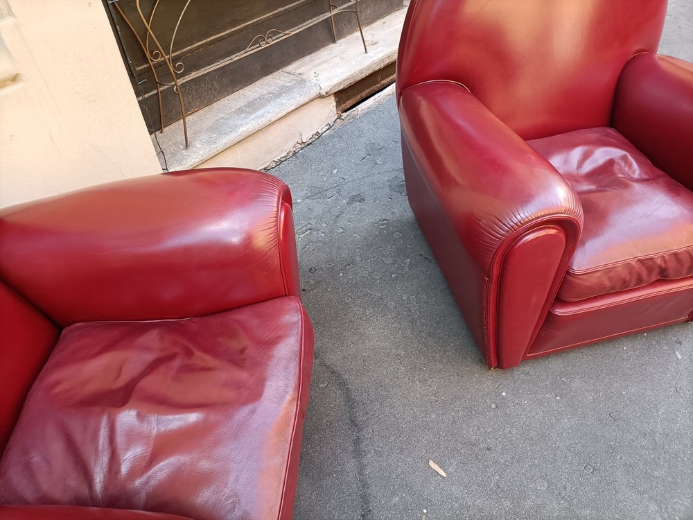 Vanity Fair Armchairs in Bordeaux Leather, 1980s, Set of 2