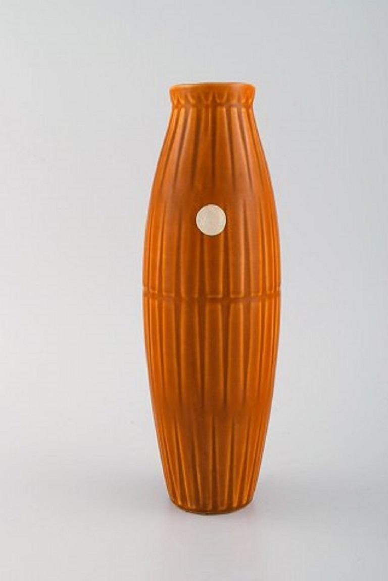 Vase in Glazed Ceramics with Ribbed Body by Bo Fajans, 1960s