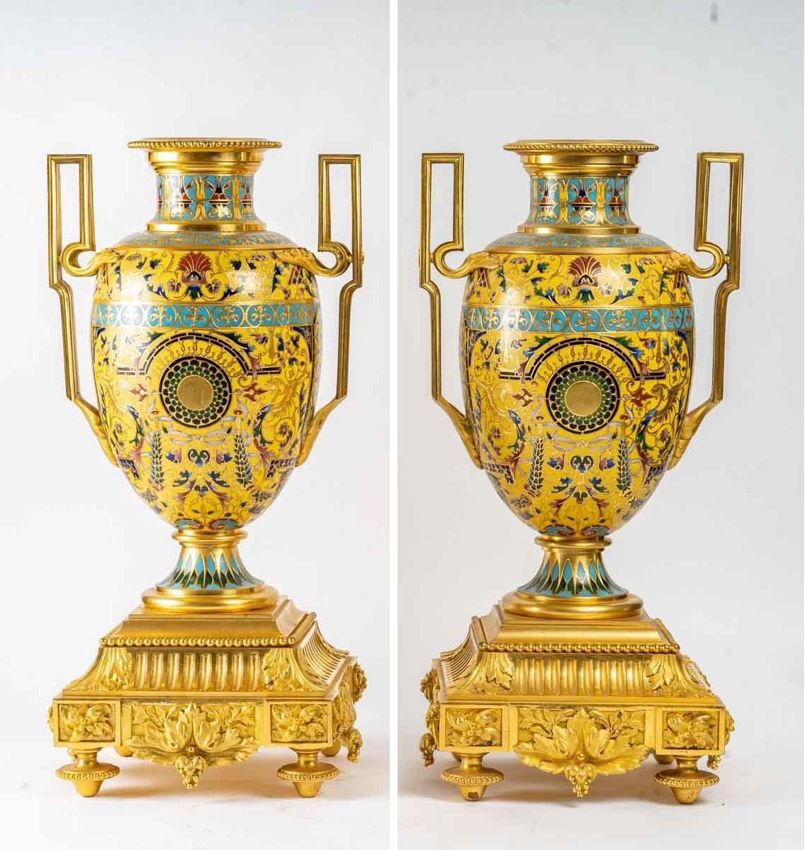 Vases with Pompeian Decoration, 19th Century, Set of 3