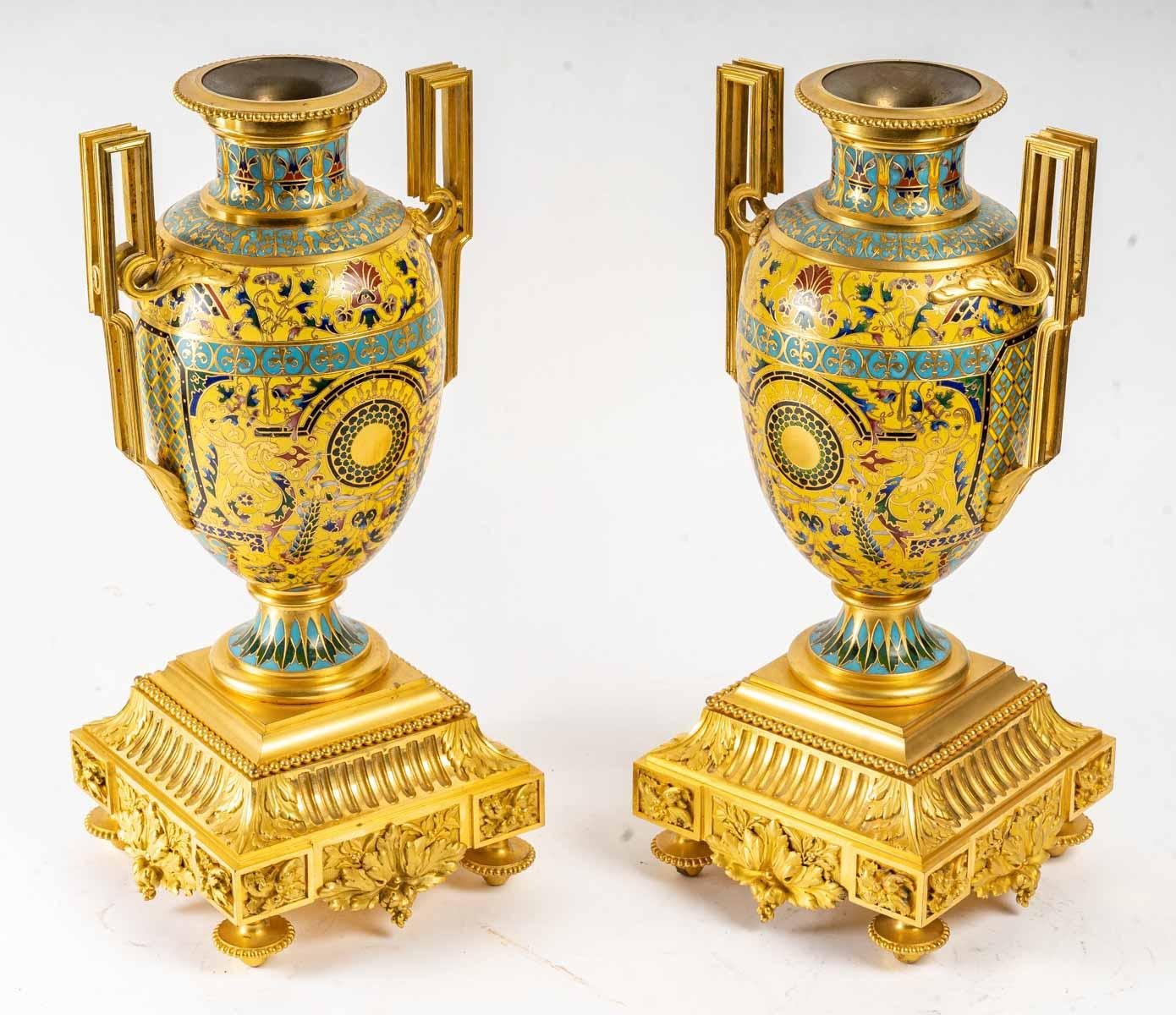 Vases with Pompeian Decoration, 19th Century, Set of 3