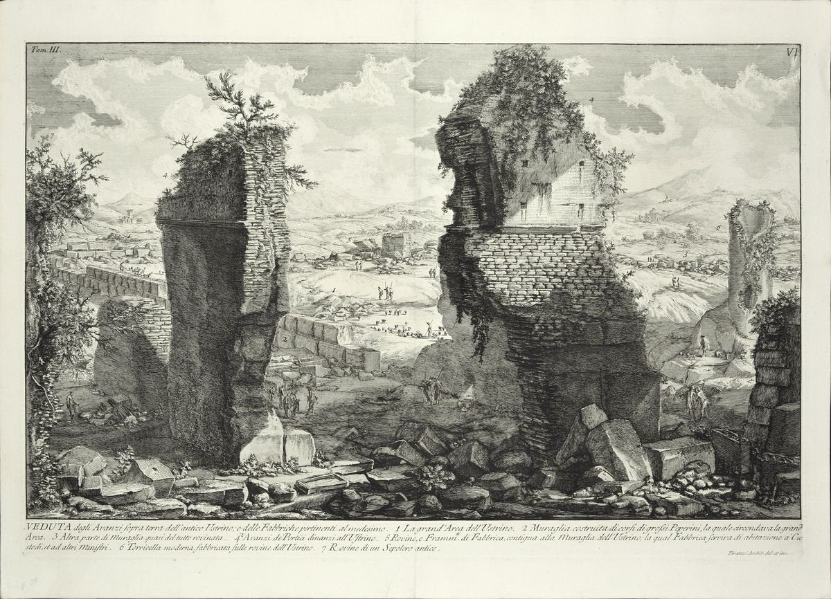 Veduta degli Avanzi sopra terra dell'antico Ustrino - Etching by G. B. Piranesi 1756