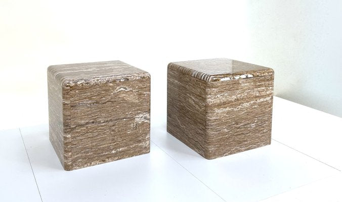 Veined Polished Travertine Stone Side Tables, 1970s, Set of 2-JP-2035782