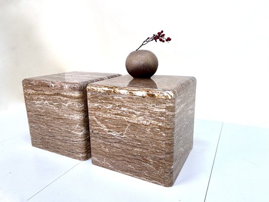 Veined Polished Travertine Stone Side Tables, 1970s, Set of 2-JP-2035782