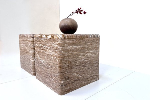 Veined Polished Travertine Stone Side Tables, 1970s, Set of 2-JP-2035782