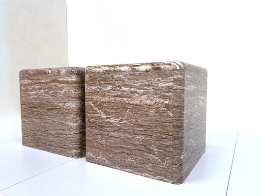 Veined Polished Travertine Stone Side Tables, 1970s, Set of 2-JP-2035782