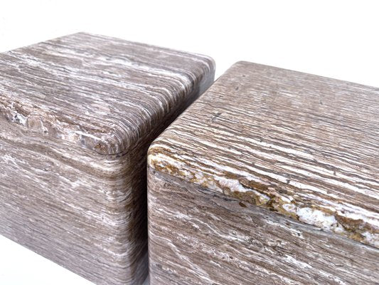 Veined Polished Travertine Stone Side Tables, 1970s, Set of 2-JP-2035782