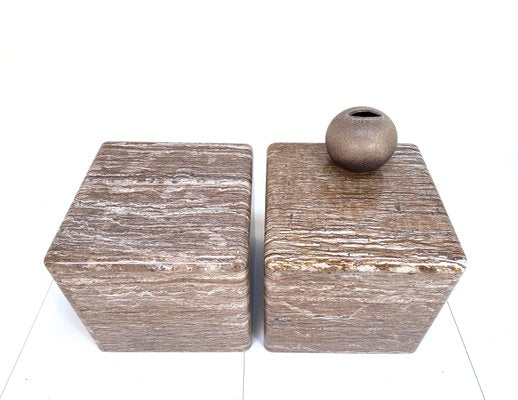 Veined Polished Travertine Stone Side Tables, 1970s, Set of 2-JP-2035782