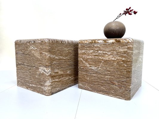 Veined Polished Travertine Stone Side Tables, 1970s, Set of 2-JP-2035782