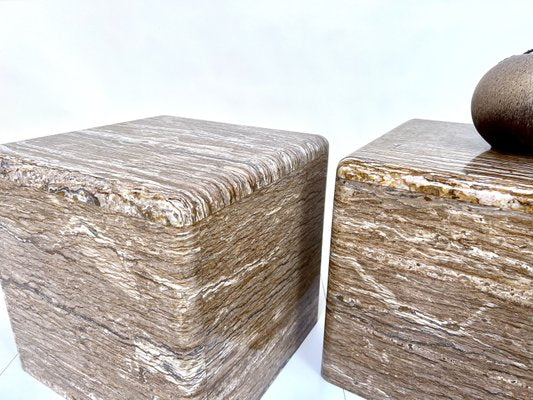 Veined Polished Travertine Stone Side Tables, 1970s, Set of 2-JP-2035782