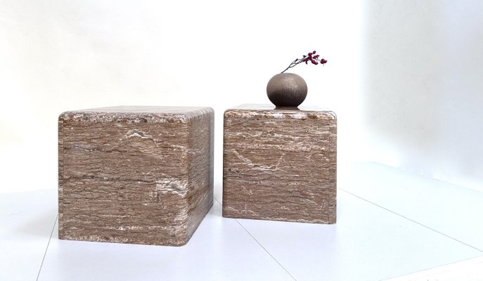 Veined Polished Travertine Stone Side Tables, 1970s, Set of 2-JP-2035782