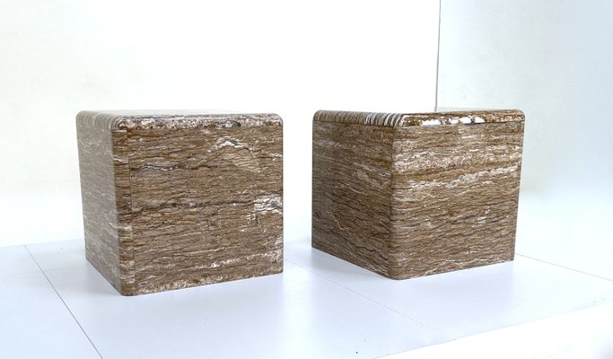 Veined Polished Travertine Stone Side Tables, 1970s, Set of 2-JP-2035782