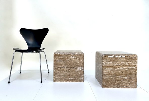 Veined Polished Travertine Stone Side Tables, 1970s, Set of 2-JP-2035782