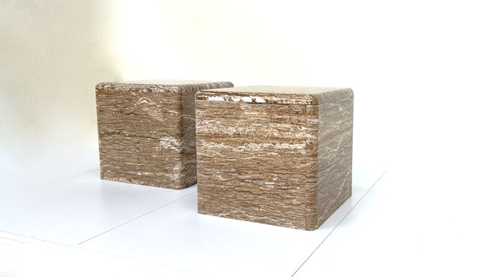 Veined Polished Travertine Stone Side Tables, 1970s, Set of 2-JP-2035782