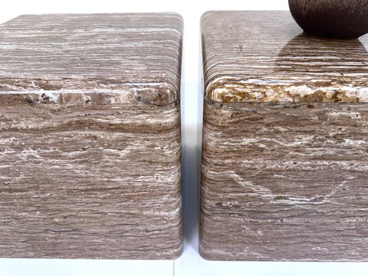 Veined Polished Travertine Stone Side Tables, 1970s, Set of 2-JP-2035782