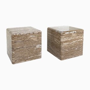 Veined Polished Travertine Stone Side Tables, 1970s, Set of 2-JP-2035782