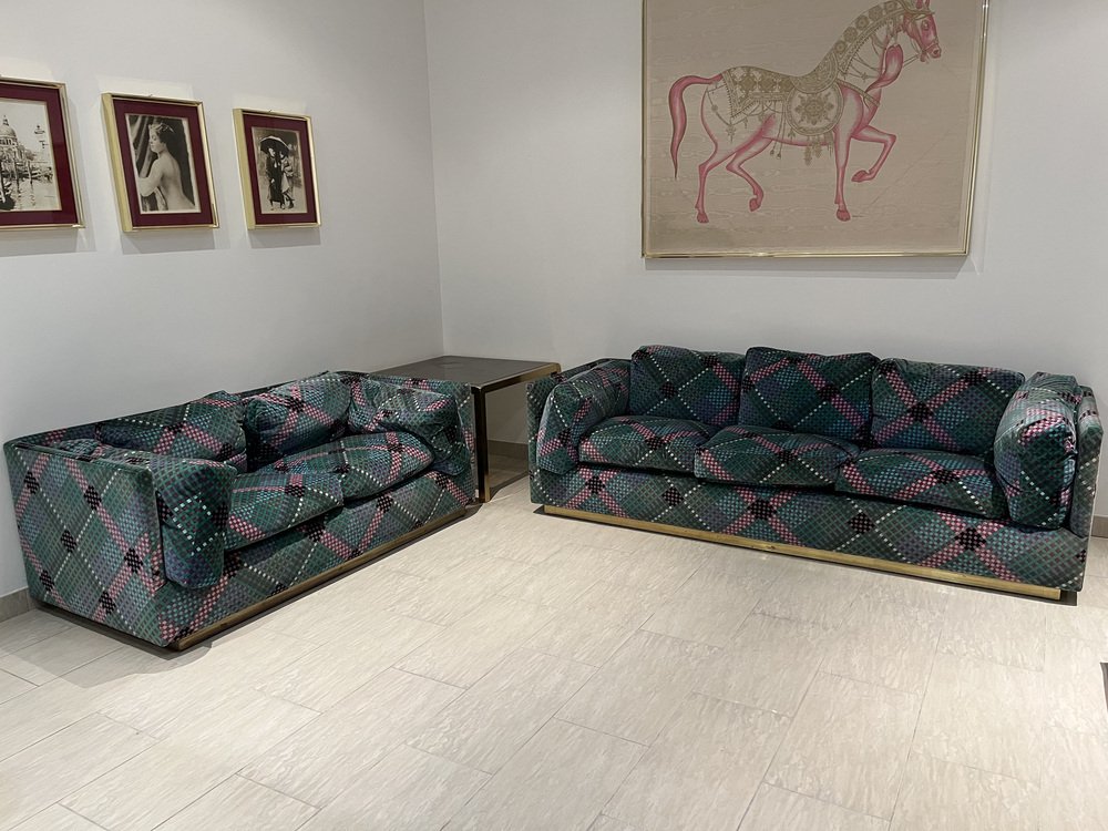 Velvet and Brass Sofas by Ken Scott, 1970s, Set of 2