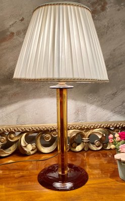 Venetian Amber-Colored Blown Murano Glass Table Lamp with White Silk Shade, 1950s-PYA-899116